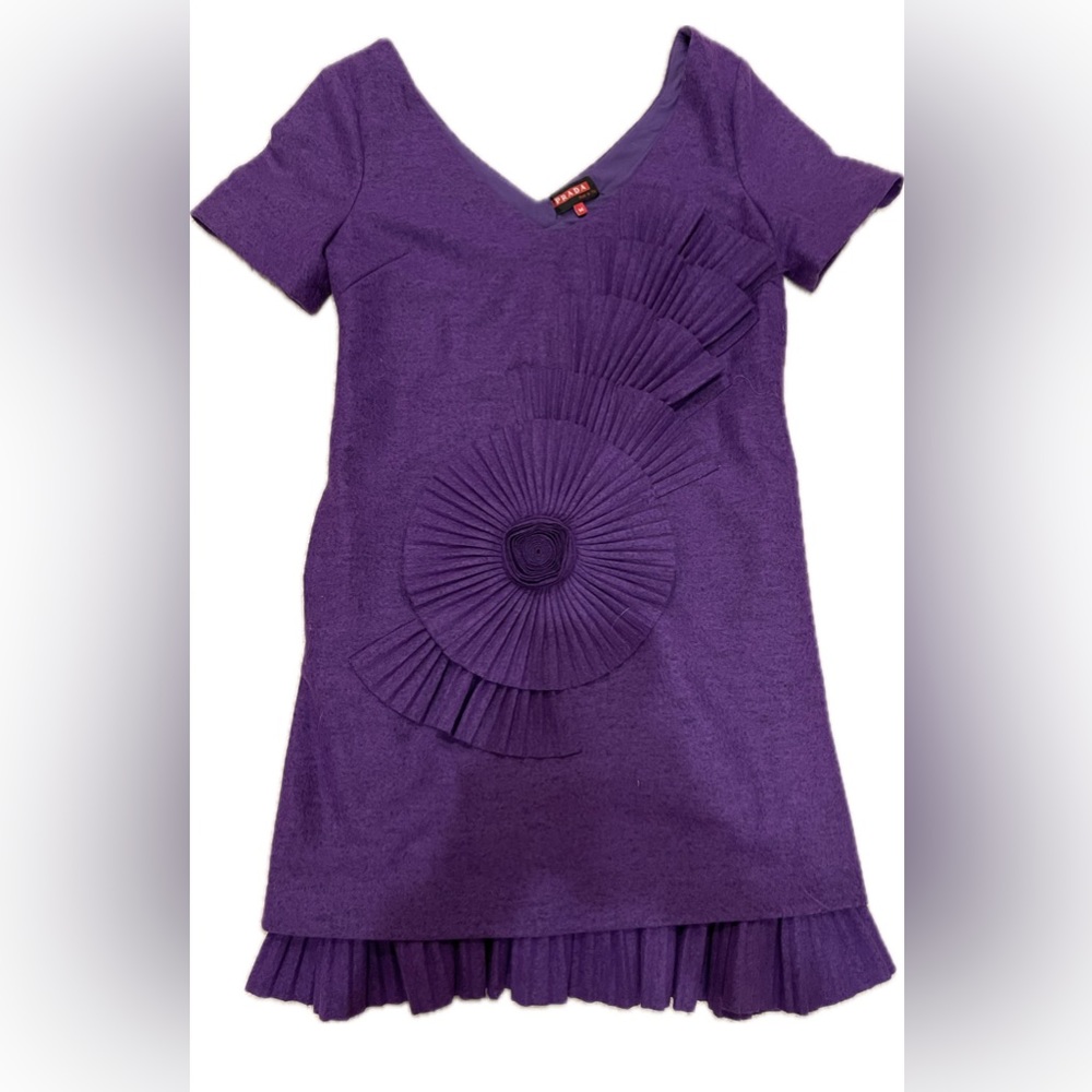 Prada purple wool dress with large fan embellishments medium size